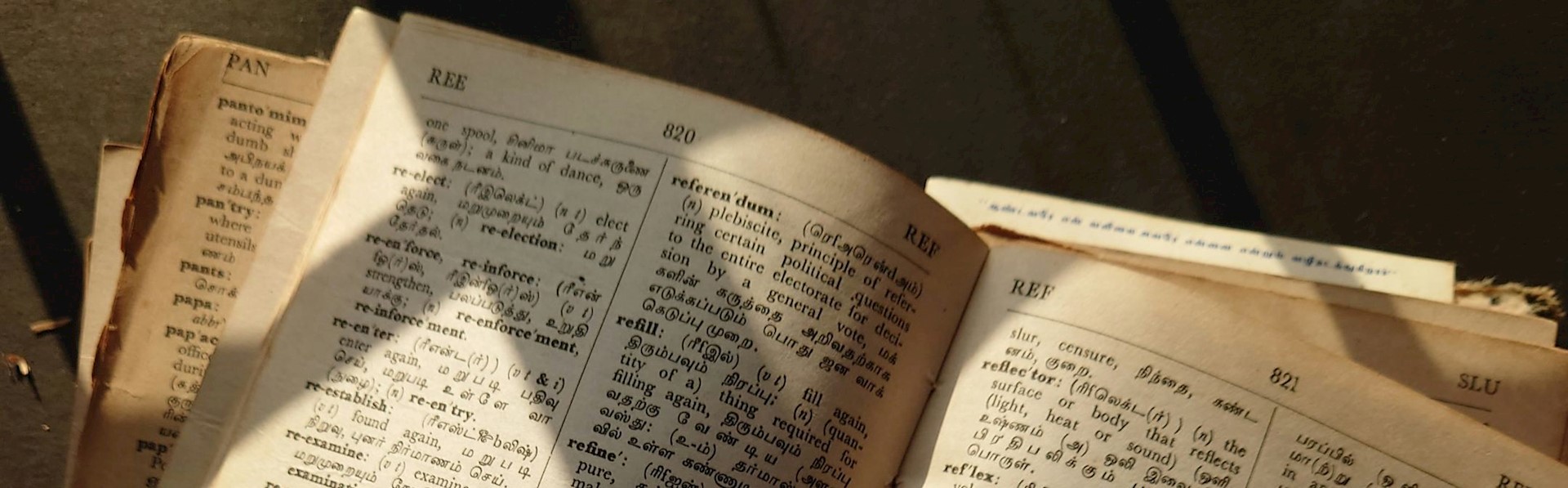Opengeslagen woordenboek in het zonlicht